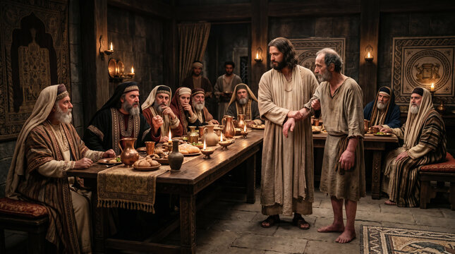 Jesus healing a man with severe dropsy (swelling) right in front of the judgmental Pharisees during a Sabbath feast