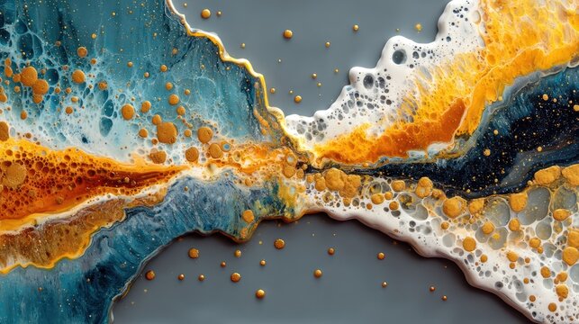 Abstract fluid art piece depicting a flowing composition of blue, gold, and white hues