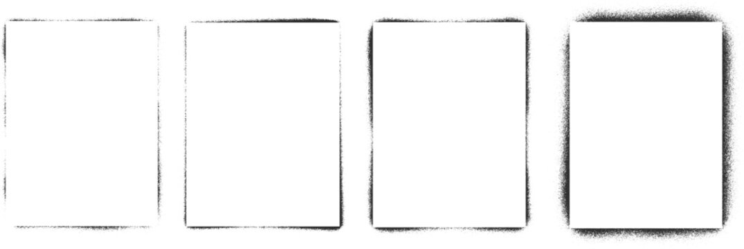 Set of rectangular frames with grainy halftone outer shadows. Subtle black stipple edges create a soft vintage print effect. Ideal for posters, typography, overlays, labels and graphic layouts.