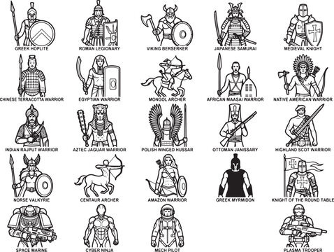 A collection of line art illustrations depicting various warriors from different cultures and historical periods, including Greek Hoplite, Roman Legionary, Viking Berserker, Japanese Samurai.