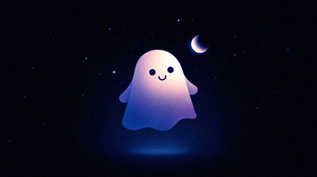 whimsical glowing ghost floating beneath a crescent moon in a deep blue star filled night sky with dreamy illumination, mysterious atmosphere and spacious seasonal copy area