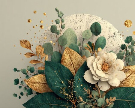 Floral design featuring a white bloom, gold accents, and various green leaves against a neutral background