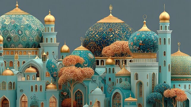 Ornate architecture, turquoise structures, golden accents, whimsical city, detailed domes, serene setting