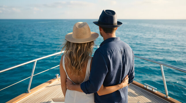 Couple in hats standing on a boat deck looking at the ocean horizon during a sunny day.