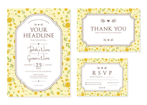 Yellow Sunflower Floral Botanical Wedding Invitation Suite Vector Template