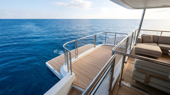 Modern luxury yacht deck overlooking the blue ocean on a sunny day
