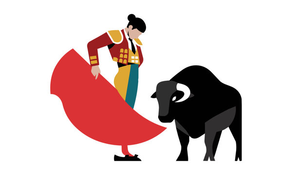 Matador performing a bullfight maneuver with a red muleta and bull in a minimalist flat geometric design style