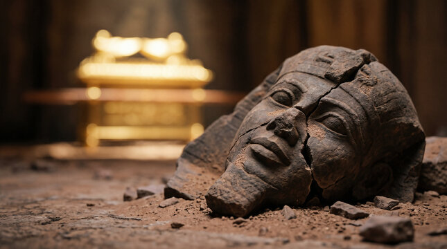 The idol of Dagon miraculously falling face-down on the stone floor, its head and hands broken off before the Ark of the Covenant