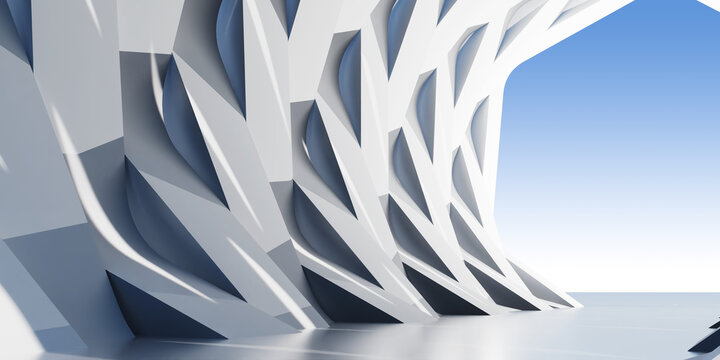 Abstract 3D Render of Futuristic Curved Geometric White Architectural Wall Panel with Texture and Open Sky