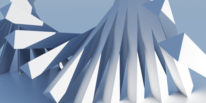 Abstract 3D Render of Minimalist White and Blue Geometric Triangular Prism Spiral Structure on Blue Background