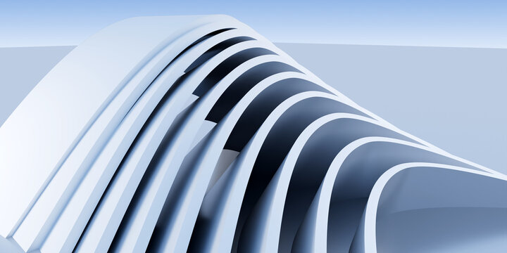 Abstract 3D Render of Minimalist Curved White Wave Architectural Layers and Ribbed Structures on Smooth Blue Background