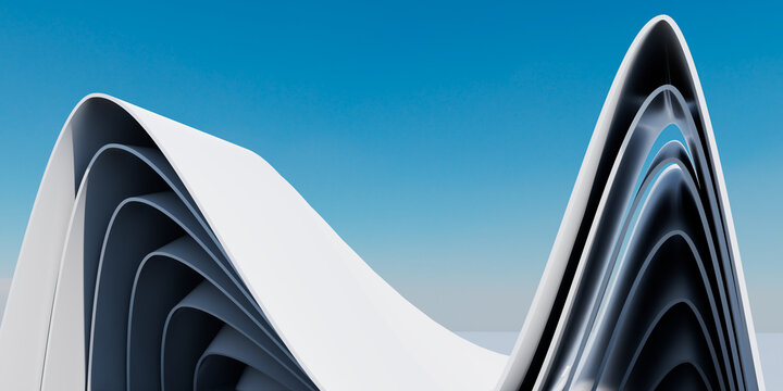 Abstract 3D Render of Minimalist Curved White Wave Architectural Layers and Ribbed Structures on Clear Blue Sky Background