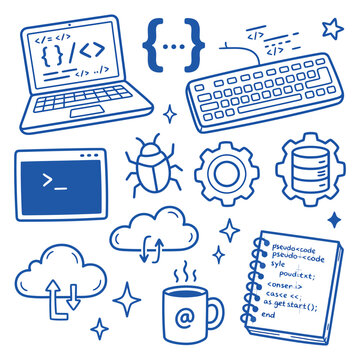 Set of hand drawn computer programming and software development icons in blue ink style
