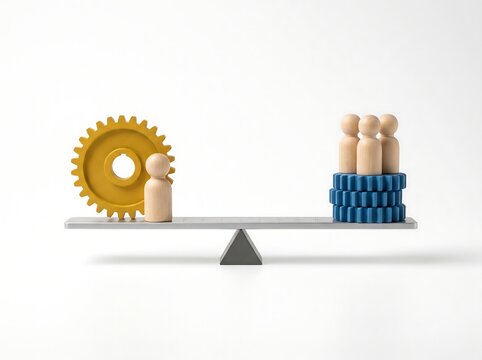 Business Concept of Workload Balance with Wooden Peg Figures and Gears on Fulcrum Scale