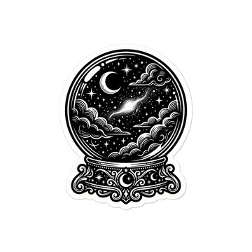 Cosmic Vision Globe: A mystical crystal ball displays a mesmerizing celestial scene, featuring a crescent moon, stars, and swirling clouds, set upon an ornate, decorative stand.