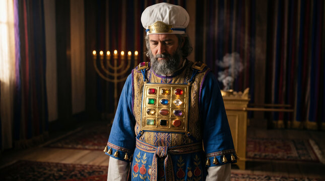 Aaron the High Priest dressed in his sacred, incredibly ornate garments, including the Ephod and the Breastplate of Judgment