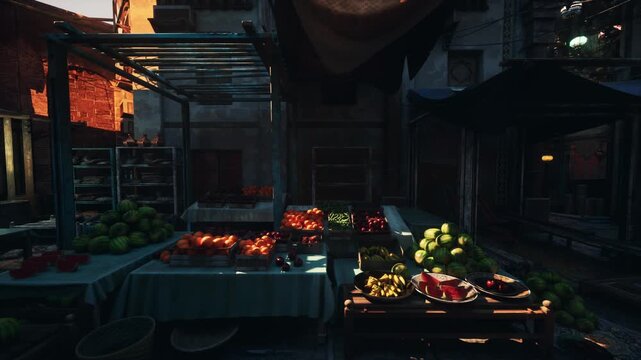 twilight market stall with fruits and vegetables glowing under string lights, rainslick cobblestone, rustic wooden crates filled with tomatoes and citrus, warm