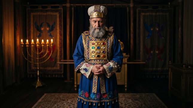 Aaron the High Priest dressed in his sacred, incredibly ornate garments, including the Ephod and the Breastplate of Judgment