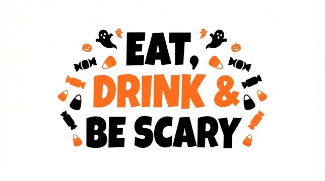 Eat drink and be scary halloween typography design with candy corn and ghost icons