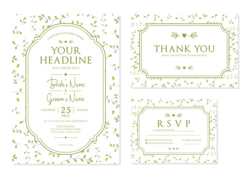 Light Green Botanical Vine Wedding Invitation Suite Vector Template