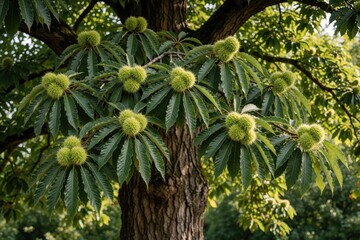 Naklejka premium Chestnut tree bearing green spiky fruits, set against blurred wooded background. Thick trunk supports clusters of fruits surrounded by bright green leaves. Sunlight filters through foliage, enhancing