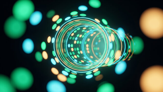 暗い夜の背景に静かに集束するネオンモザイクの筒状層と穏やかな光