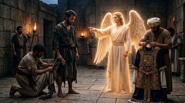 Zechariah's vision of the High Priest getting his filthy, ragged clothes replaced with rich, clean royal garments by an angel