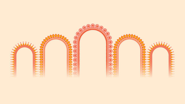 Durga Puja Red Ornamental Arch Border Set on Beige Background