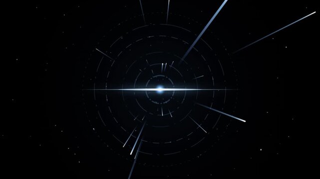 Abstract hyperspace warp tunnel with glowing light streaks and circular hud futuristic sci-fi motion background