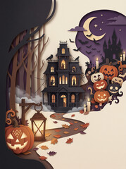 Naklejka premium Paper cut style halloween haunted house illustration, papercraft spooky house with glowing windows raven flying bats and cat silhouette, and halloween invitation design. Simple flat design.