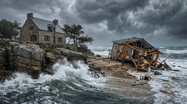 The Parable of the Wise and Foolish Builders. One stone house weathering a massive storm, while a wooden house on sand collapses