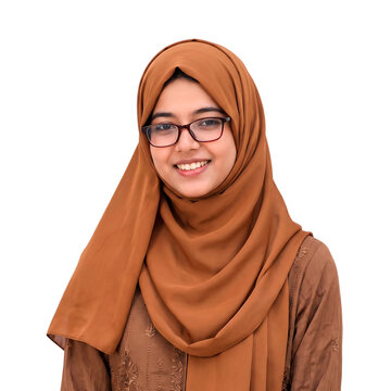 Smiling Muslim woman in brown hijab and glasses, portrait of young female student, professional modest fashion on white background