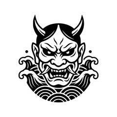 Fototapeta premium Japanese Oni Mask with Waves: A fierce Japanese Oni mask with sharp teeth and menacing horns, set against a backdrop of stylized crashing waves, evokes a sense of ancient folklore and powerful spirit.
