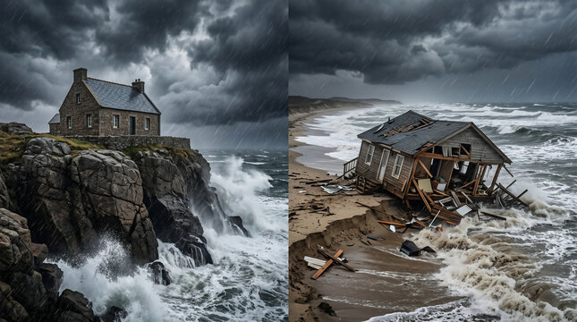 The Parable of the Wise and Foolish Builders. One stone house weathering a massive storm, while a wooden house on sand collapses