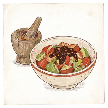Naive Hand-Drawn Illustration of Rujak Spicy Fruit Salad with Mortar and Pestle