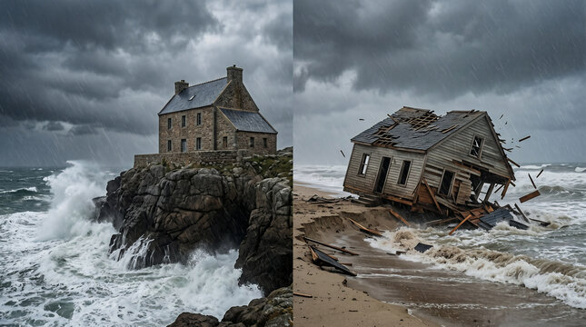 The Parable of the Wise and Foolish Builders. One stone house weathering a massive storm, while a wooden house on sand collapses
