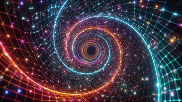 A vibrant and swirling vortex of colorful lights and digital grid patterns draws the viewer into a cosmic tunnel.