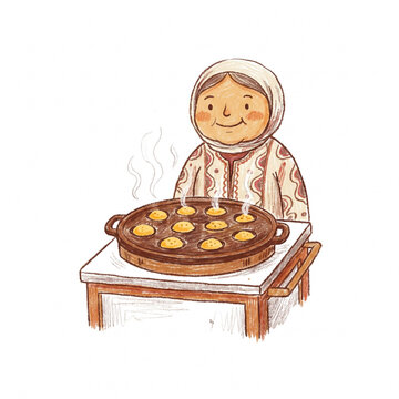 Naive Hand-Drawn Illustration of Kue Cubit Vendor Making Mini Pancakes