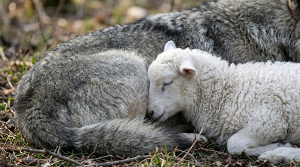 Fototapeta premium Isaiah's prophecy of absolute peace: The fierce wolf living peacefully side-by-side with the gentle lamb in a perfect meadow