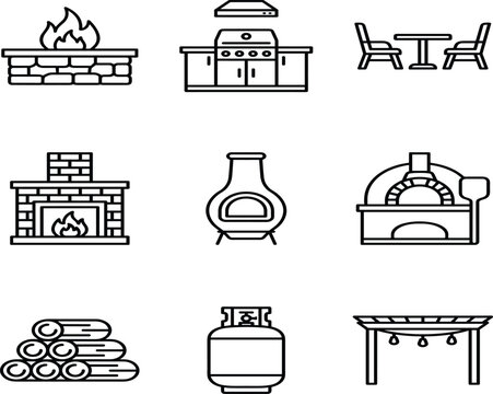 Outdoor Kitchen and Backyard Living Line Icon Set Featuring Fire Pit BBQ Grill Pizza Oven Chiminea Pergola Fireplace and Wood Logs