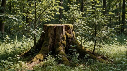 Naklejka premium Massive mossy tree stump stands in sunlit forest. Young saplings grow around ancient wood. Rich green foliage surrounds decay, symbolizing nature cycle of life.