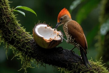 Naklejka premium Chestnut-colored woodpecker eats coconut in Costa Rica rainforest. Wild bird with orange crest perches on mossy tree branch. Male, female avian pair forage for food in tropical jungle habitat. Close