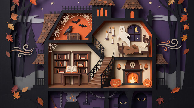 Halloween haunted house cutaway paper cut style illustration, papercraft cross section mansion with ghost library fireplace and secret basement, and spooky autumn paper craft background. 