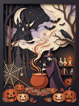 Halloween witch brewing potion paper cut style illustration, papercraft witch with cauldron crescent moon and spooky castle, and autumn paper craft background. Flat and modern vector design.