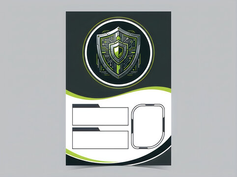 Cybersecurity flyer template with shield icon, futuristic tech brochure design, green and black corporate security leaflet layout