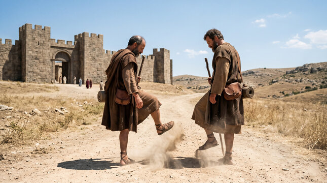 Paul and Barnabas shaking the dust off their feet against the rejecting city of Antioch, walking away on a dirt road