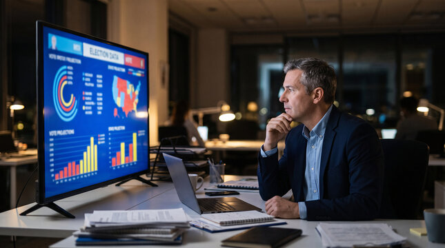 Analyste suivant les r&eacute;sultats d'une &eacute;lection sur un &eacute;cran au bureau
