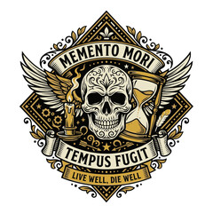 Fototapeta premium Vintage Memento Mori and Tempus Fugit emblem featuring a skull, hourglass, candle, and wings.