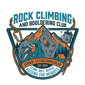 Vintage rock climbing and bouldering club emblem featuring climbers on a mountain peak with climbing gear.