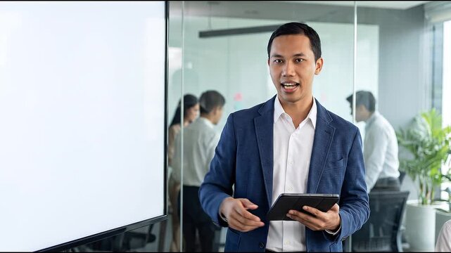 Busy young Indonesian business man executive standing in office using digital tablet. Young professional businessman corporate manager wearing suit and glasses holding tab working on finance project
